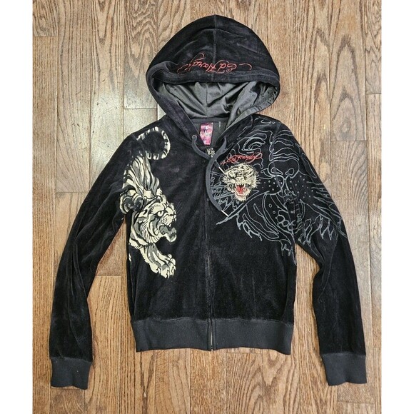 Ed Hardy Tops - Rare Vtg Ed Hardy Velour Black Christian Audigier Tiger Zip Up Hoodie Sz XS Y2K